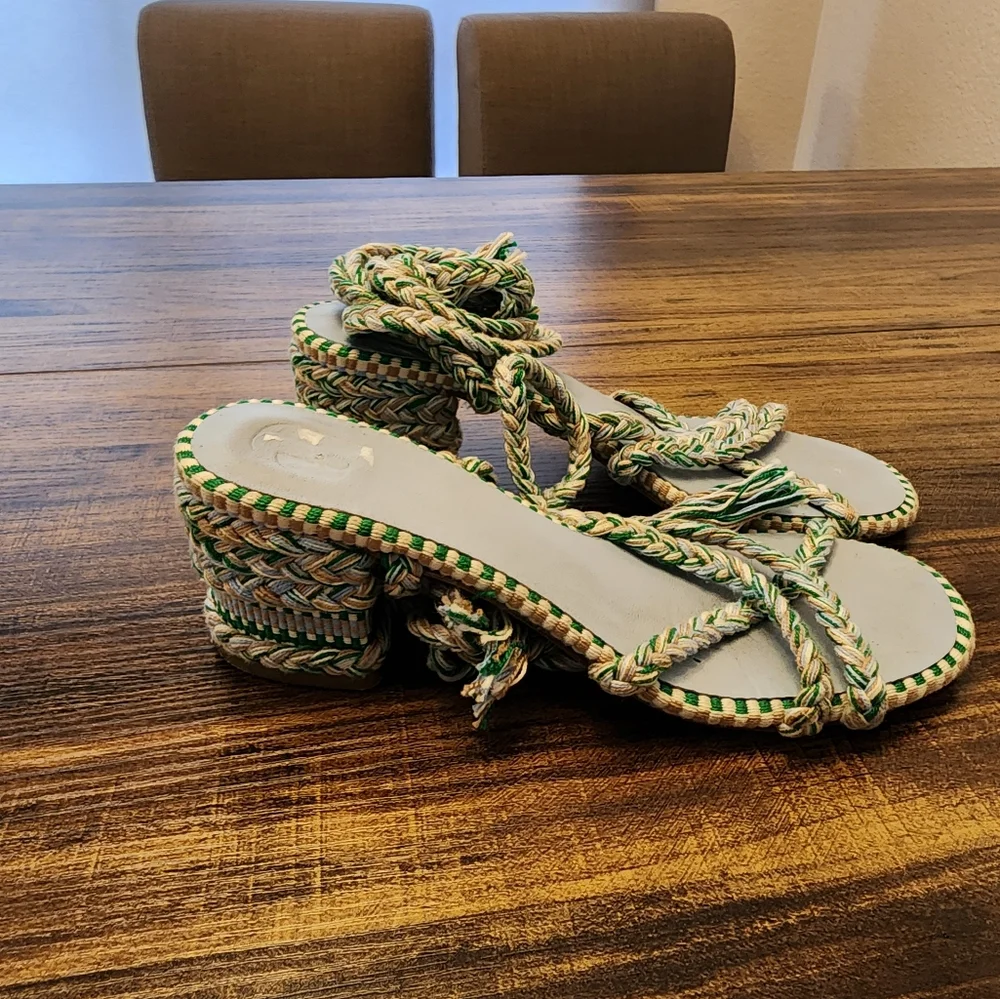 Anthropologie AMAMBAIH Isabel Braided Heel Sandals Green 37 6.5 - Picture 2 of 7